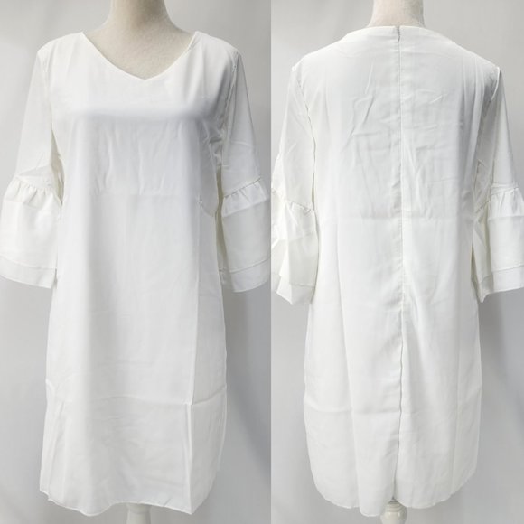 New Chalier Womens Medium White Ruffle Sleeve Shift Dress V-Neck Chiffon Poly - Picture 3 of 15